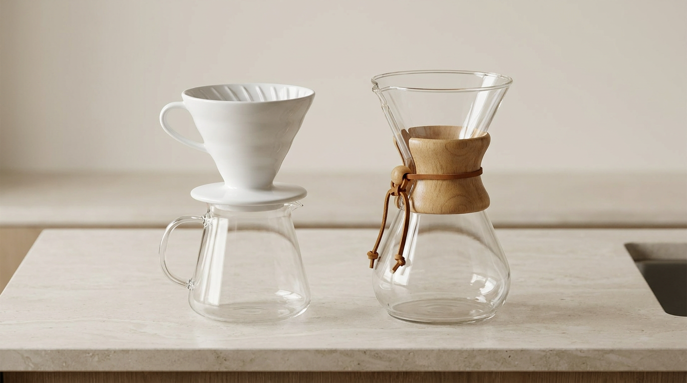 V60 konik dripper ve Chemex cam sürahi anatomilerini gösteren yakın çekim