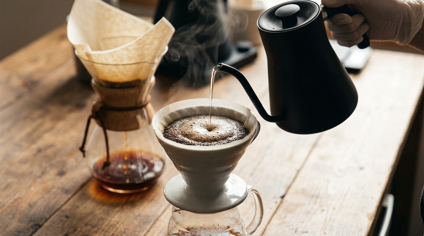 V60'a su dökülürken ve Chemex filtresinden kahvenin süzülmesi