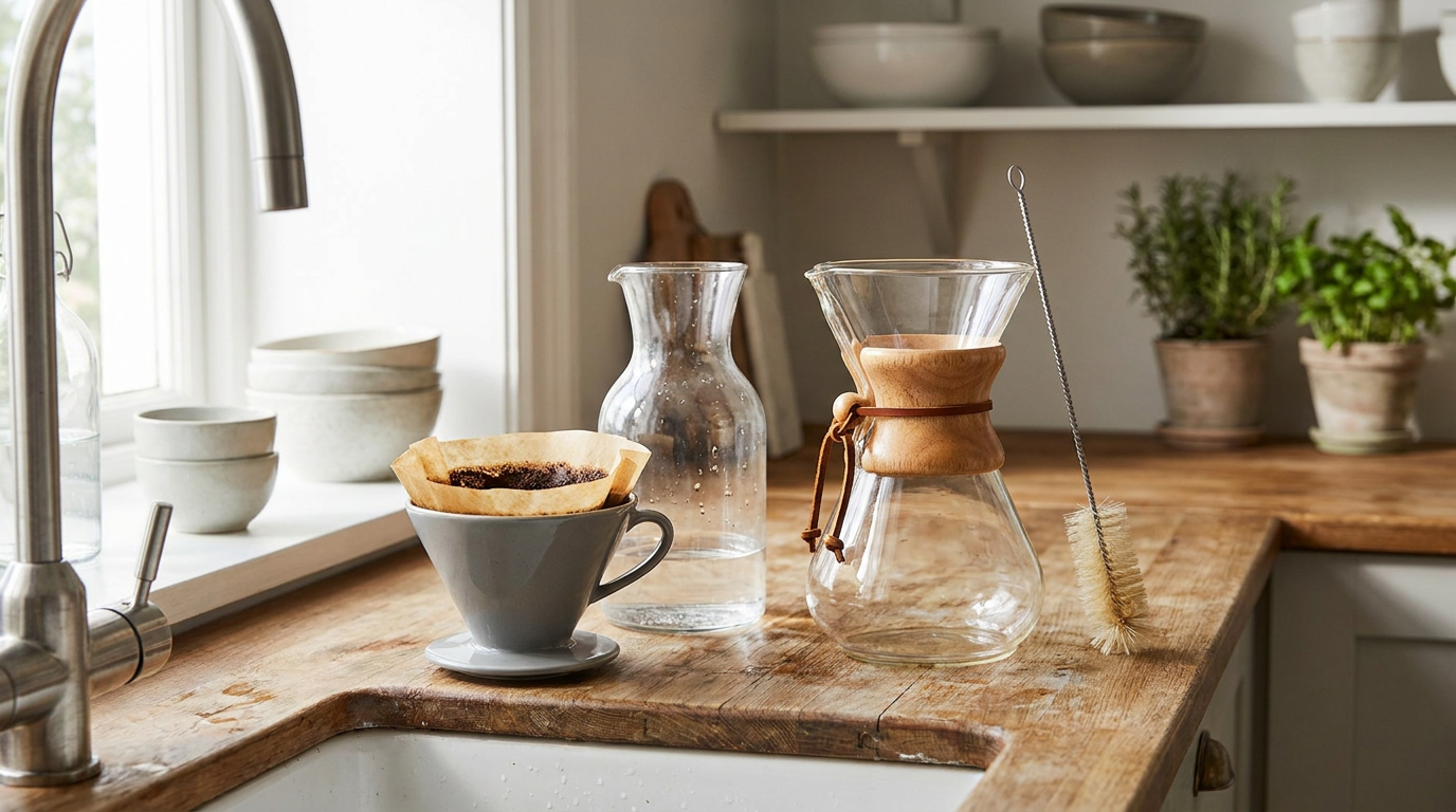 Demleme sonrası V60 ve Chemex'in tezgahta durulanmaya hazır hali