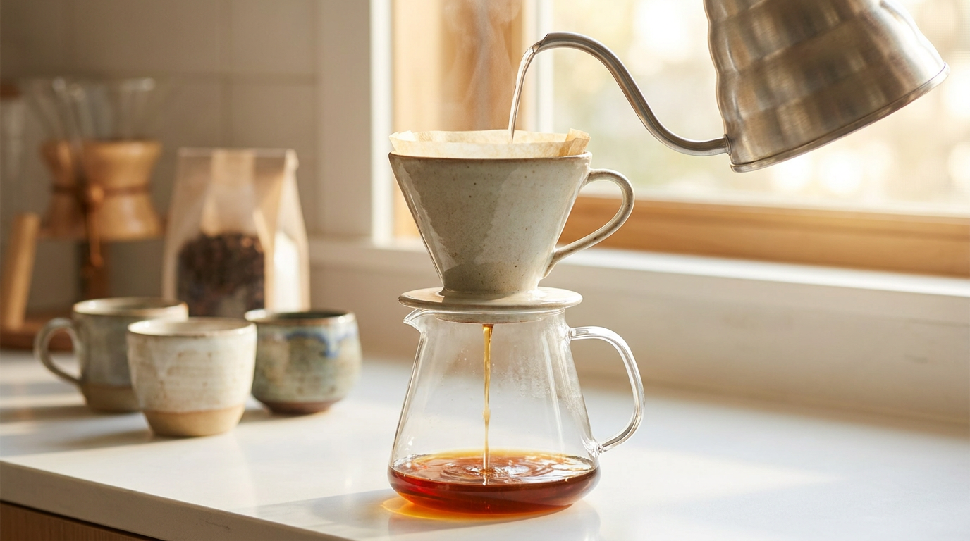 Honduras filtre kahvesinin pour-over ile cam sürahiye demlenmesi