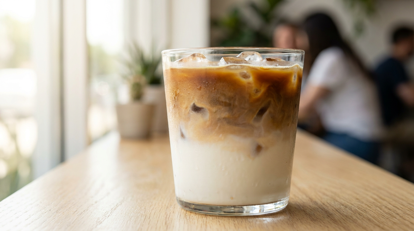 Buz küpleri, soğuk süt ve espresso katmanlarıyla hazırlanmış bir bardak ice latte