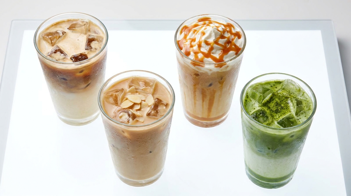 Vanilyalı, karamelli, badem sütlü ve matcha ice latte çeşitleri
