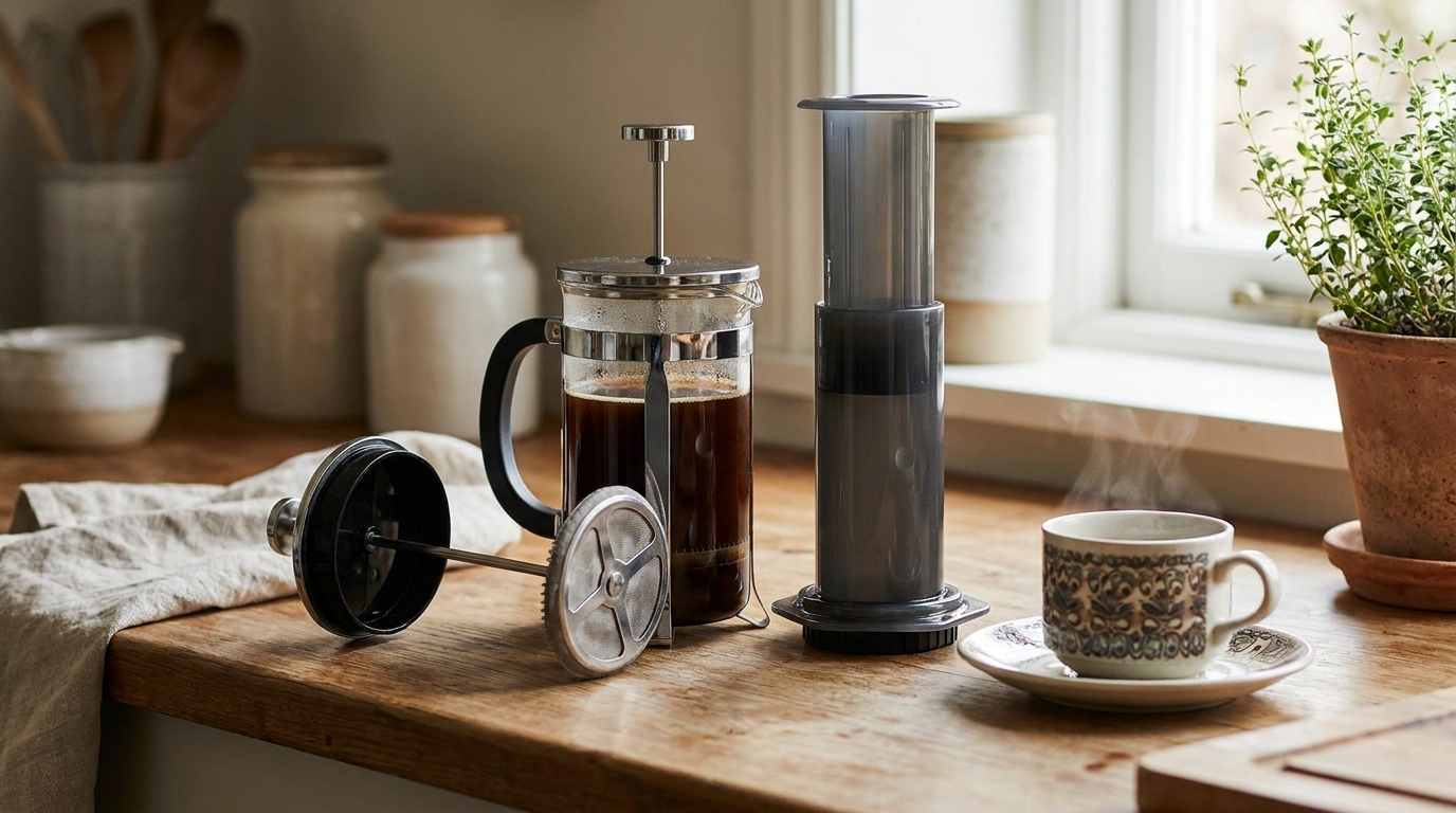 French Press ve AeroPress ile hazırlanan immersion demleme düzeneği