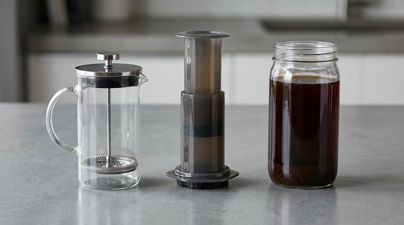 French Press, AeroPress ve cold brew kavanozu gibi immersion ekipmanları