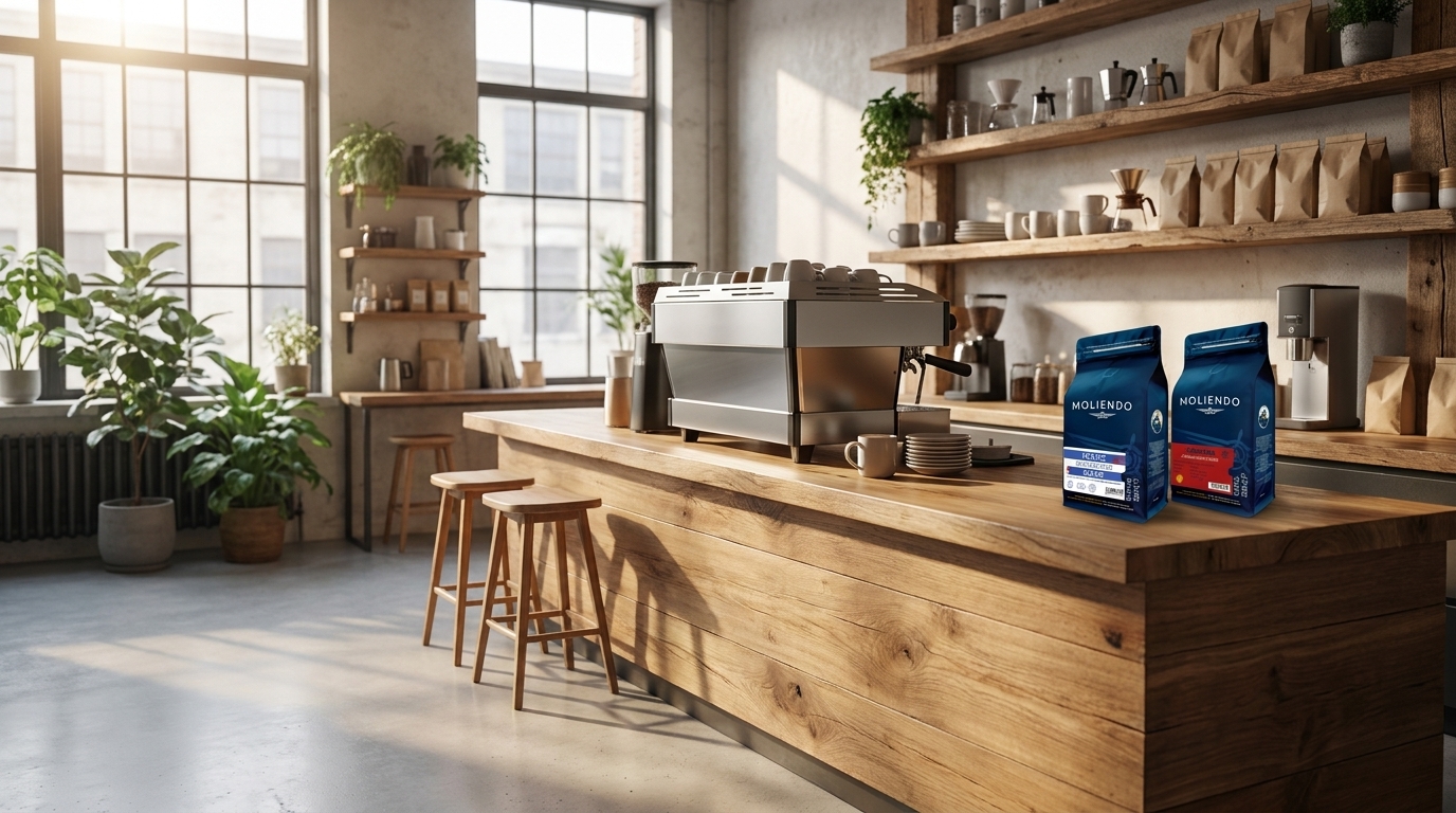 Açılışa hazır sıcak bir specialty kafe iç mekanı