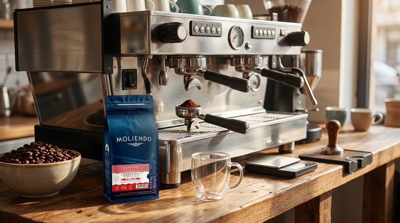 Kafe tezgahında espresso makinesi ve Moliendo Signature çekirdek kahve