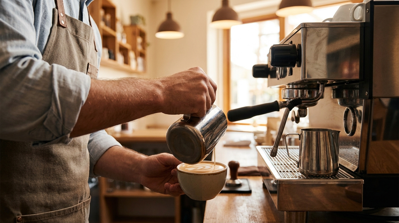 Barista cappuccino hazırlarken, kafe personeli ve servis