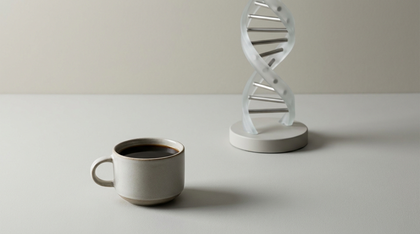 Genetik ve metabolizmayı çağrıştıran soyut DNA sarmalı ve kahve kompozisyonu