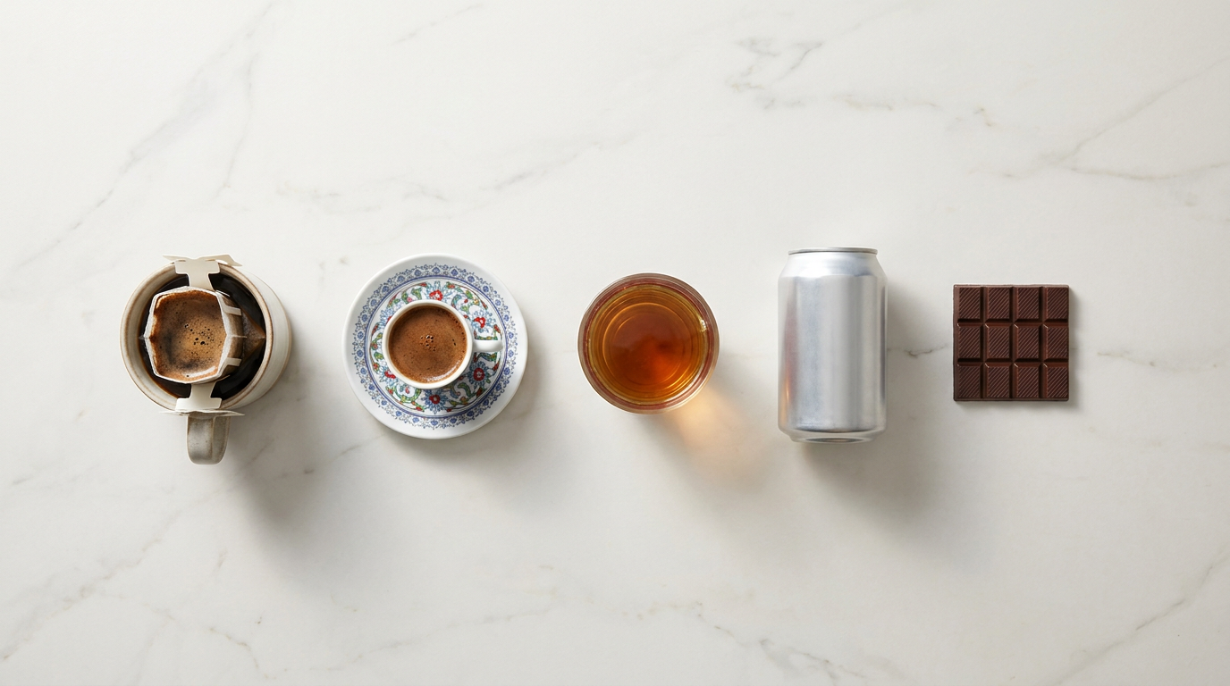 Kahve, çay, kola, enerji içeceği ve çikolatanın kafein içerikleriyle sıralandığı düzenleme