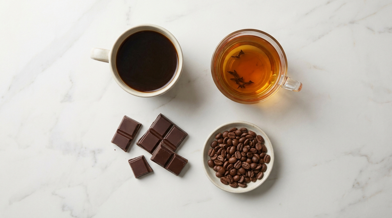Kahve, çay ve çikolatanın bir arada olduğu doğal kafein kaynakları düzenlemesi