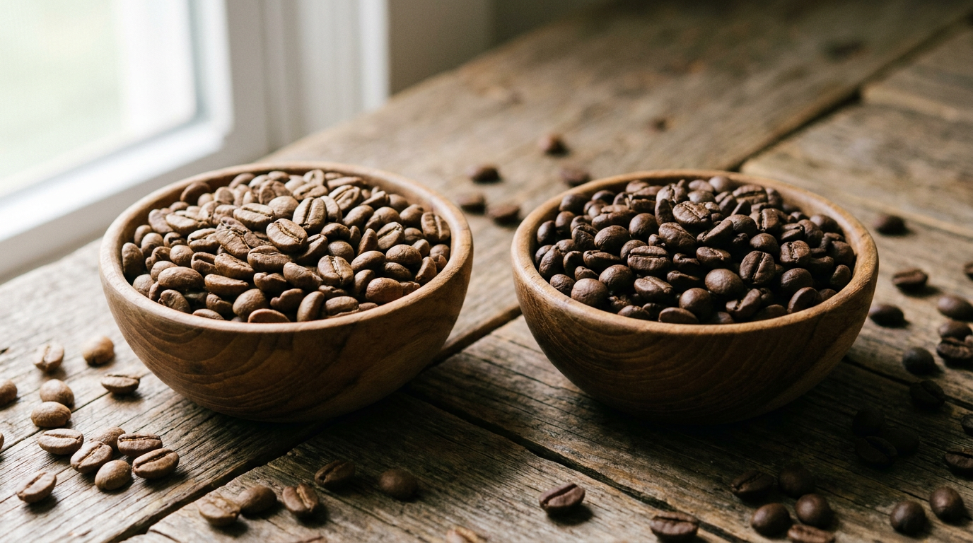 Arabica ve Robusta çekirdeklerinin iki ayrı kasede karşılaştırmalı görünümü