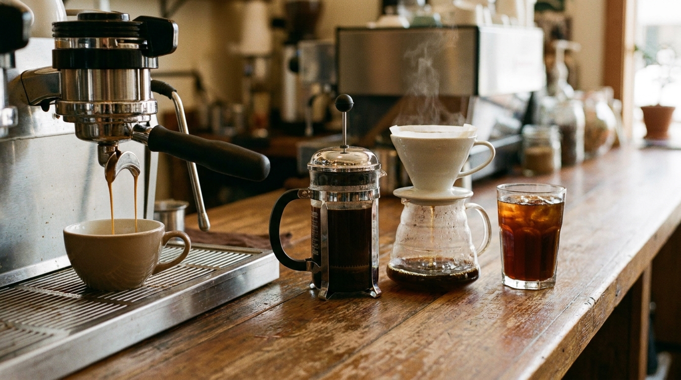 Espresso, filtre kahve, French press ve cold brew demleme yöntemlerinin bir arada görünümü