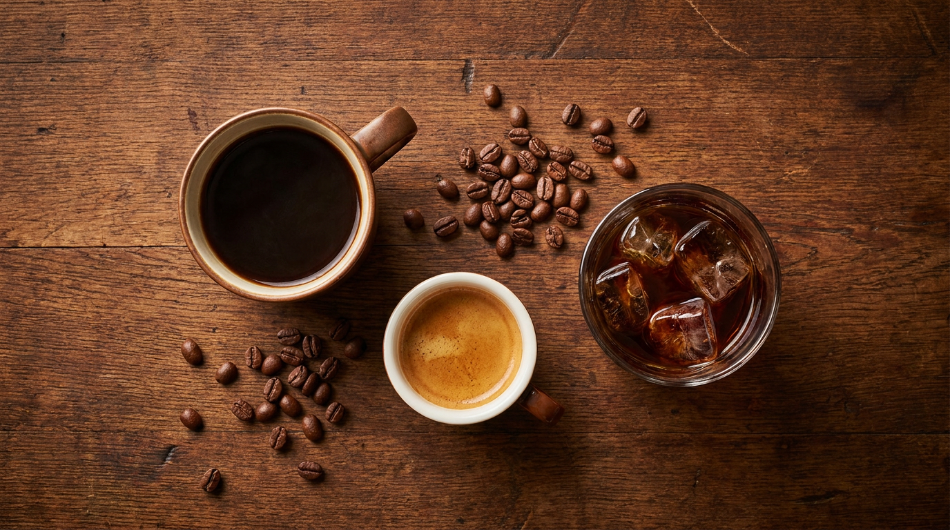 Filtre kahve, espresso ve cold brew içeren yüksek kafeinli kahve seçenekleri düzeni
