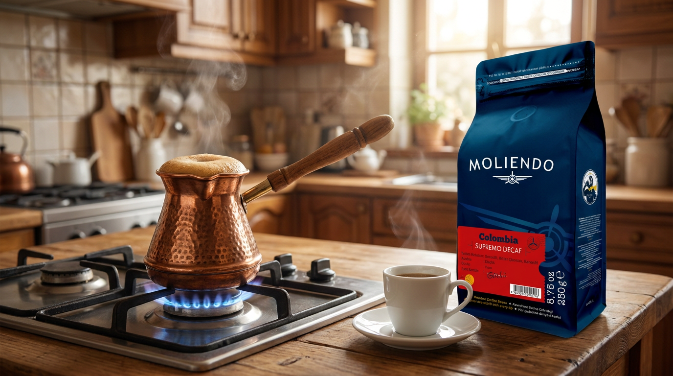 Ocakta kisik ateste kopuklenen bakir cezvenin yaninda fincan ve Moliendo Colombia Supremo Decaf paketi