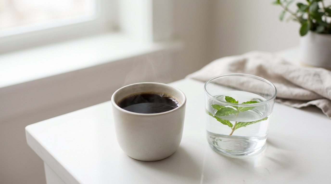 Kahve fincanı ile mide sağlığını çağrıştıran sade kompozisyon