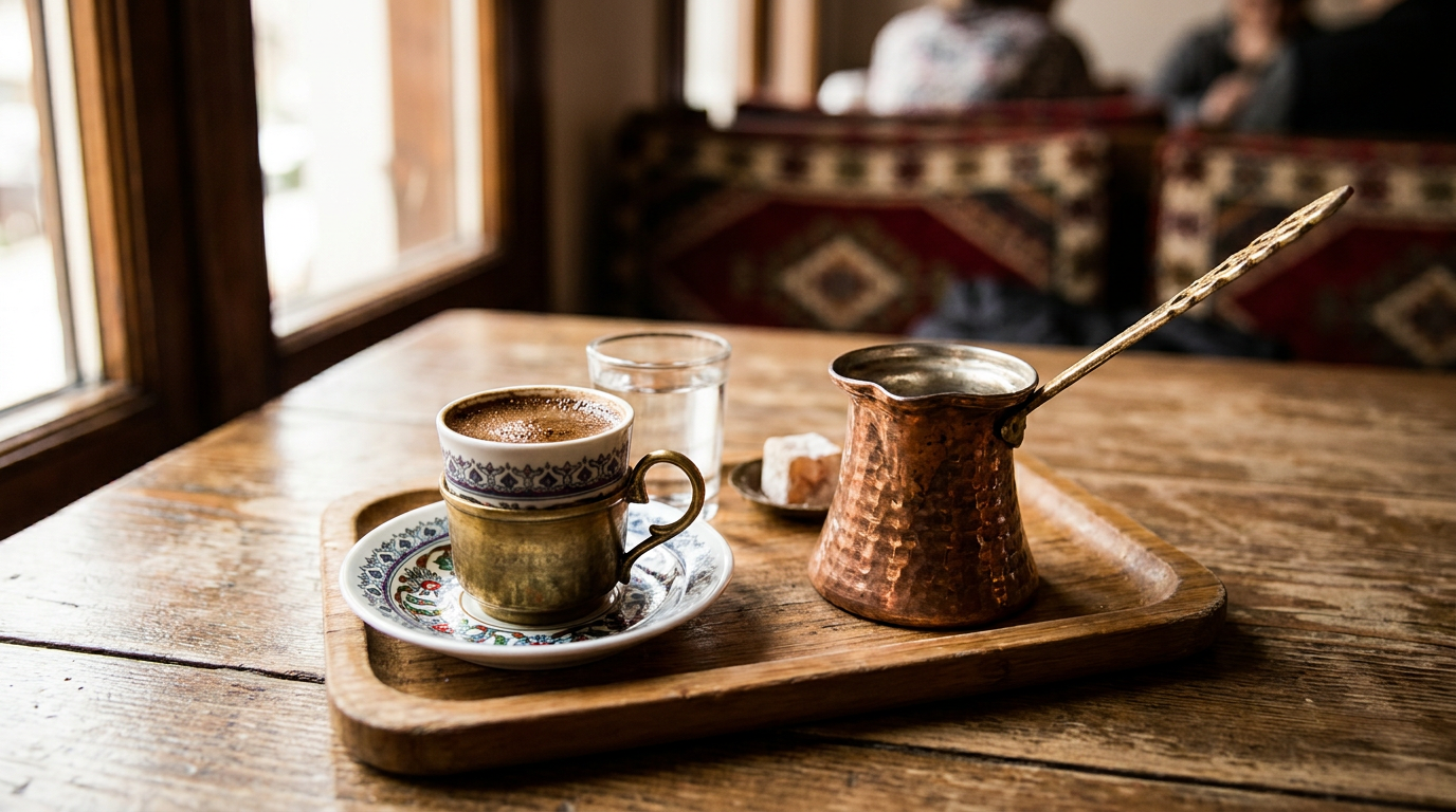 Cezvede pişmiş köpüklü Türk kahvesi ve geleneksel fincan
