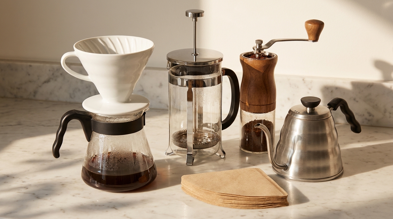 Bir masada dizili pour over dripper, French press ve el değirmeninden oluşan demleme seti