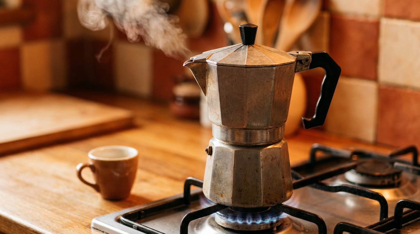 Ocak üstünde duran klasik alüminyum moka pot