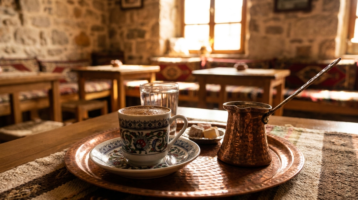 Bakır cezve ve fincanda geleneksel Türk kahvesi