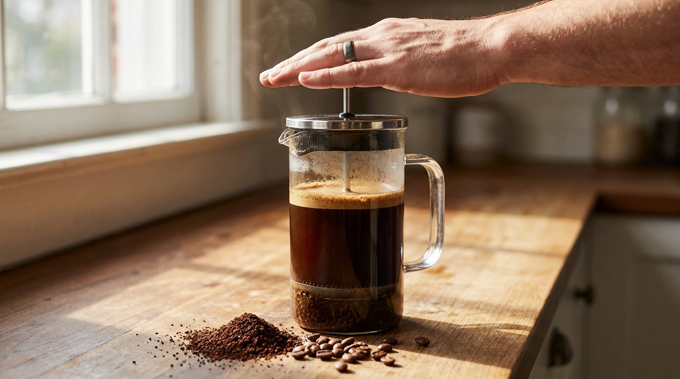 French press ile kahve demleme, piston bastırılırken