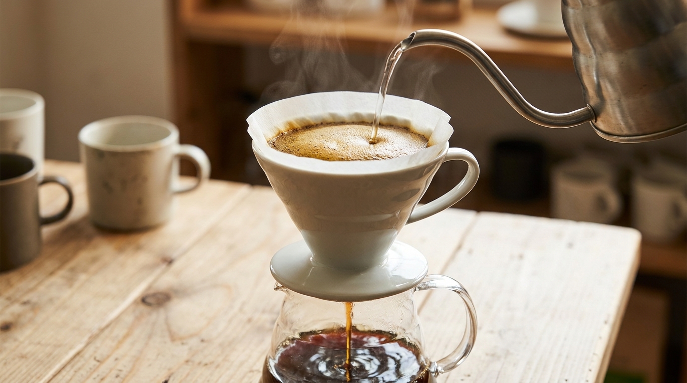 V60 dripper ile pour-over demleme, sürahi ağzına oturmuş dripper