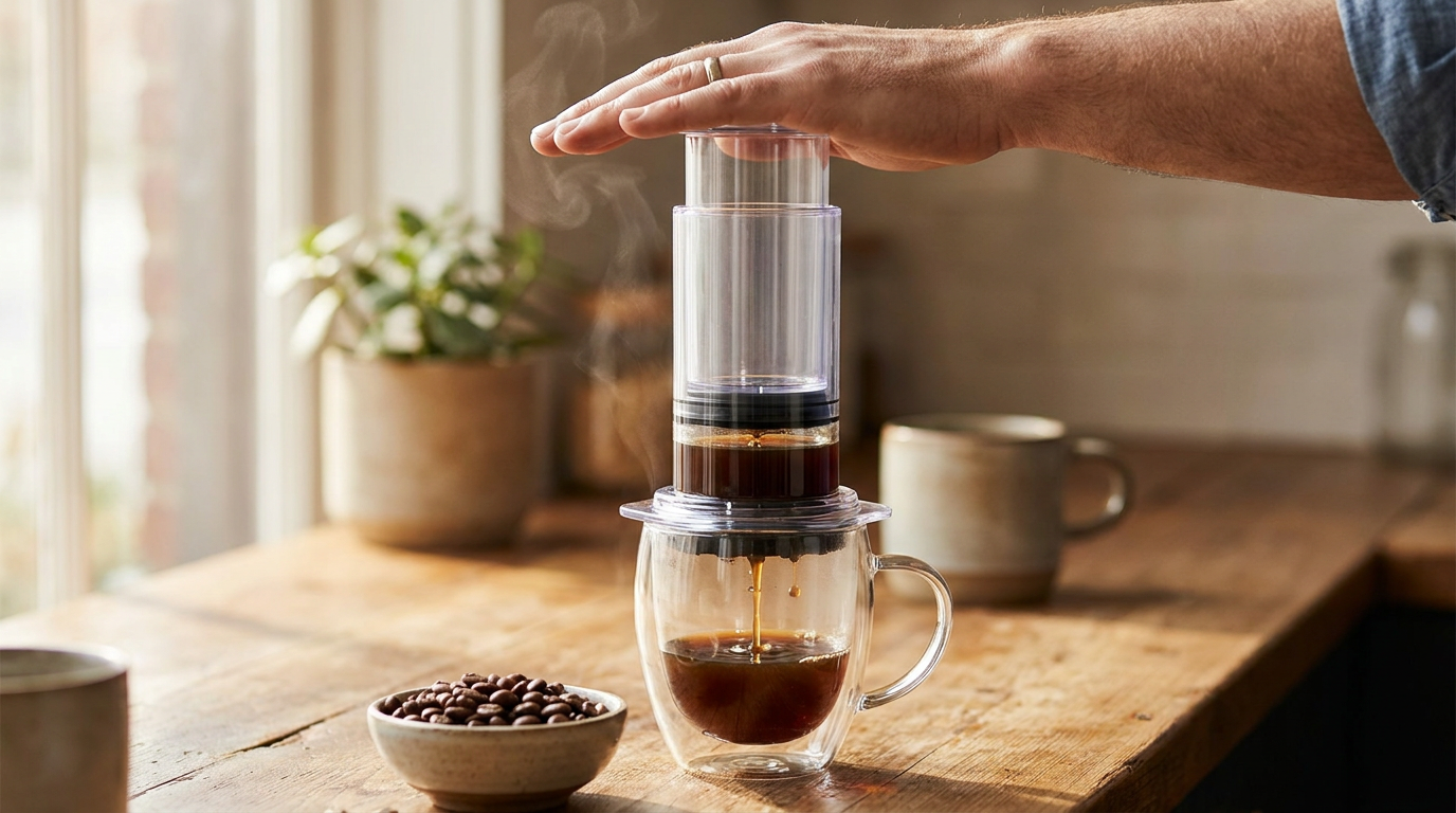 Aeropress ile kahve demleme, piston fincan üzerine bastırılırken