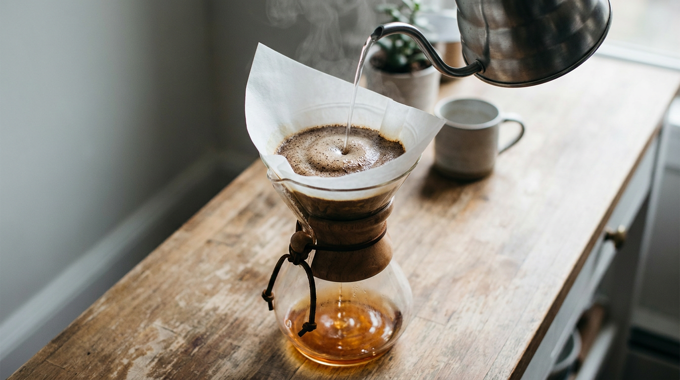 Chemex ile filtre kahve demleme, kalın kağıt filtre üzerine su dökülürken
