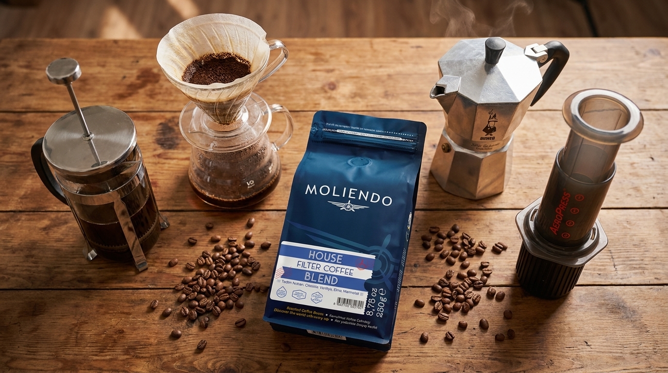 Farklı kahve demleme ekipmanları ve Moliendo House Filter Coffee Blend