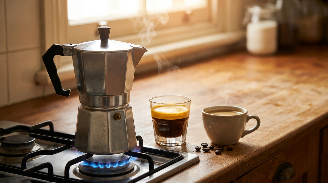 Ocak üstü moka pot ve kremalı espresso