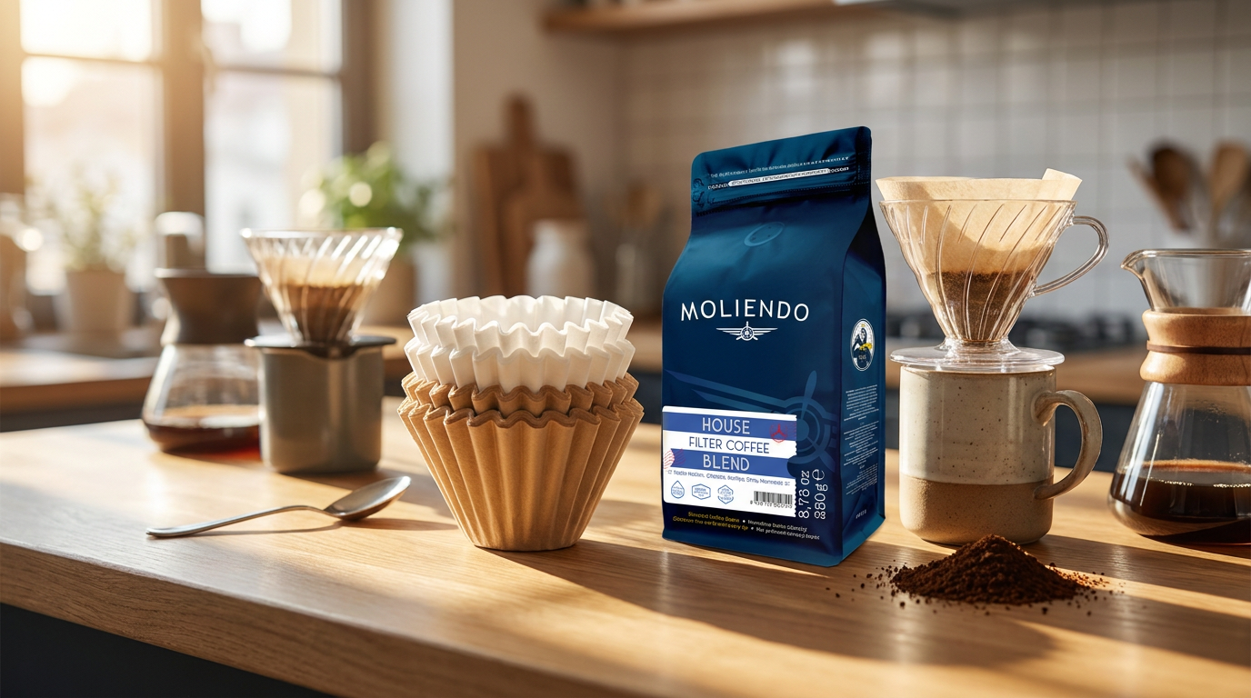 Filtre kahve kağıtları ve Moliendo House Filter Coffee Blend