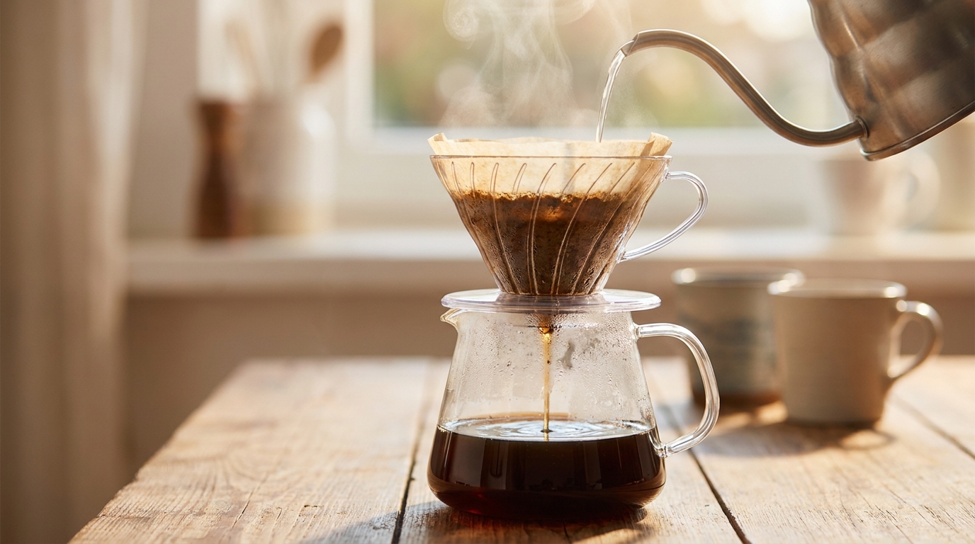 Pour over demlemede sıcak suyun kağıt filtreden geçerek sürahiye damlaması