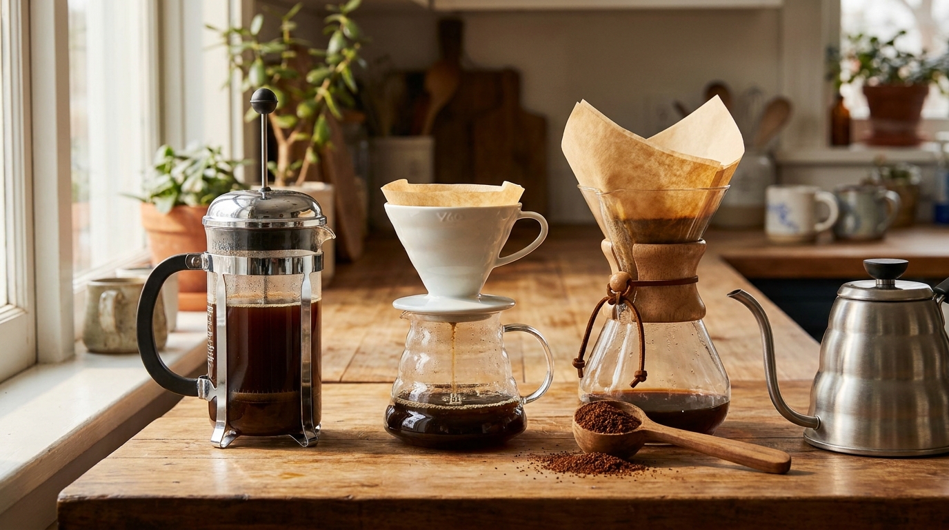 French press, V60 ve Chemex demleme ekipmanları mutfak tezgahında bir arada