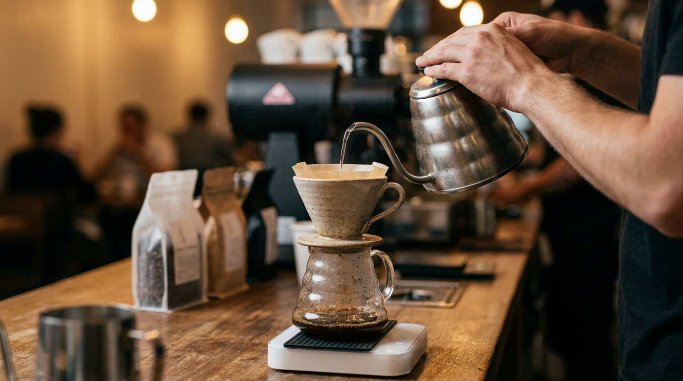 Barista elinin gooseneck kettle ile pour over demlemeyi kontrol etmesi