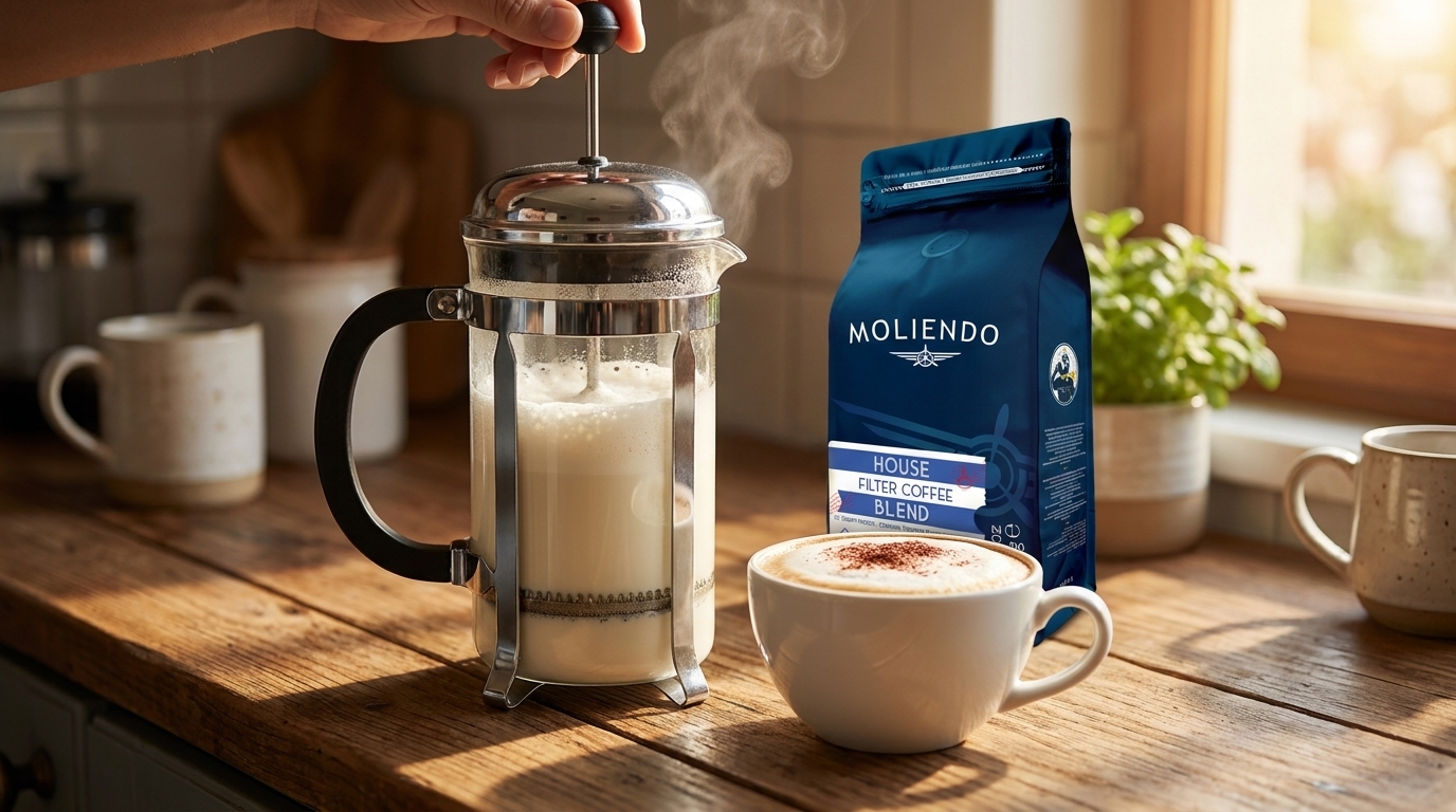 French press ile evde süt köpürtme, yanında Moliendo House Filter Coffee Blend