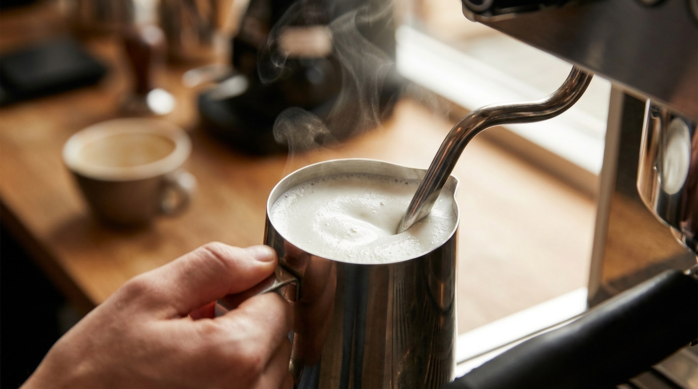Espresso makinesinin buhar çubuğuyla çelik pitcher'da süt köpürtme