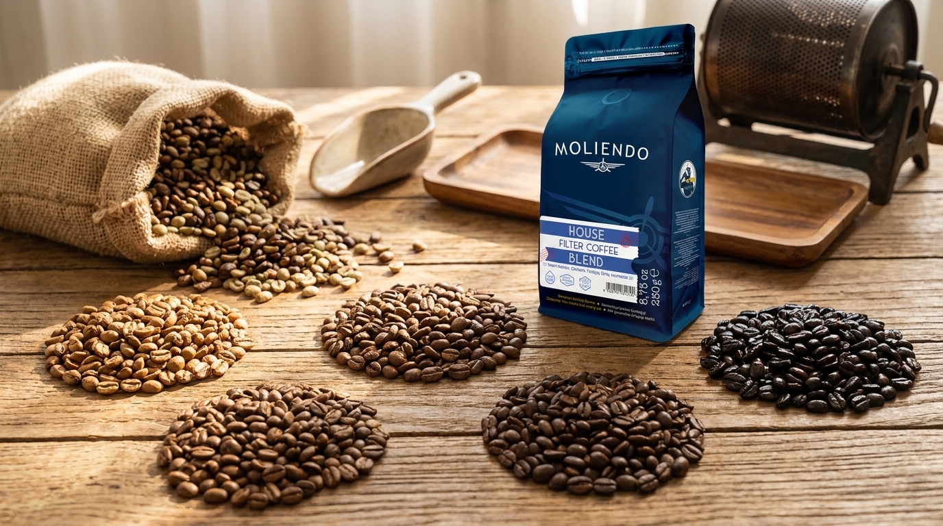 Farklı kavurma seviyelerinde kahve çekirdekleri ve Moliendo House Filter Coffee Blend