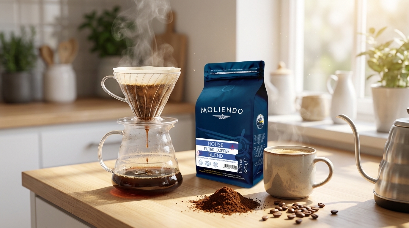 Filtre kahve demleme sahnesi ve Moliendo House Filter Coffee Blend