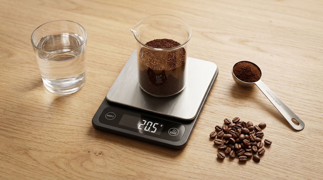 Kahve-su oranı ölçümü için dijital terazi ve öğütülmüş kahve