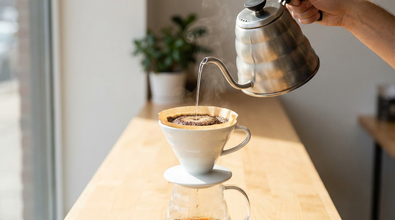 V60 dripper ile pour-over kahve demleme adımı