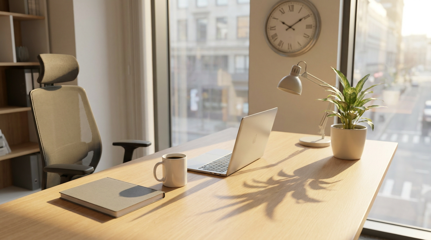 Öğleden sonra ofis masasında kahve fincanı ve duvar saati