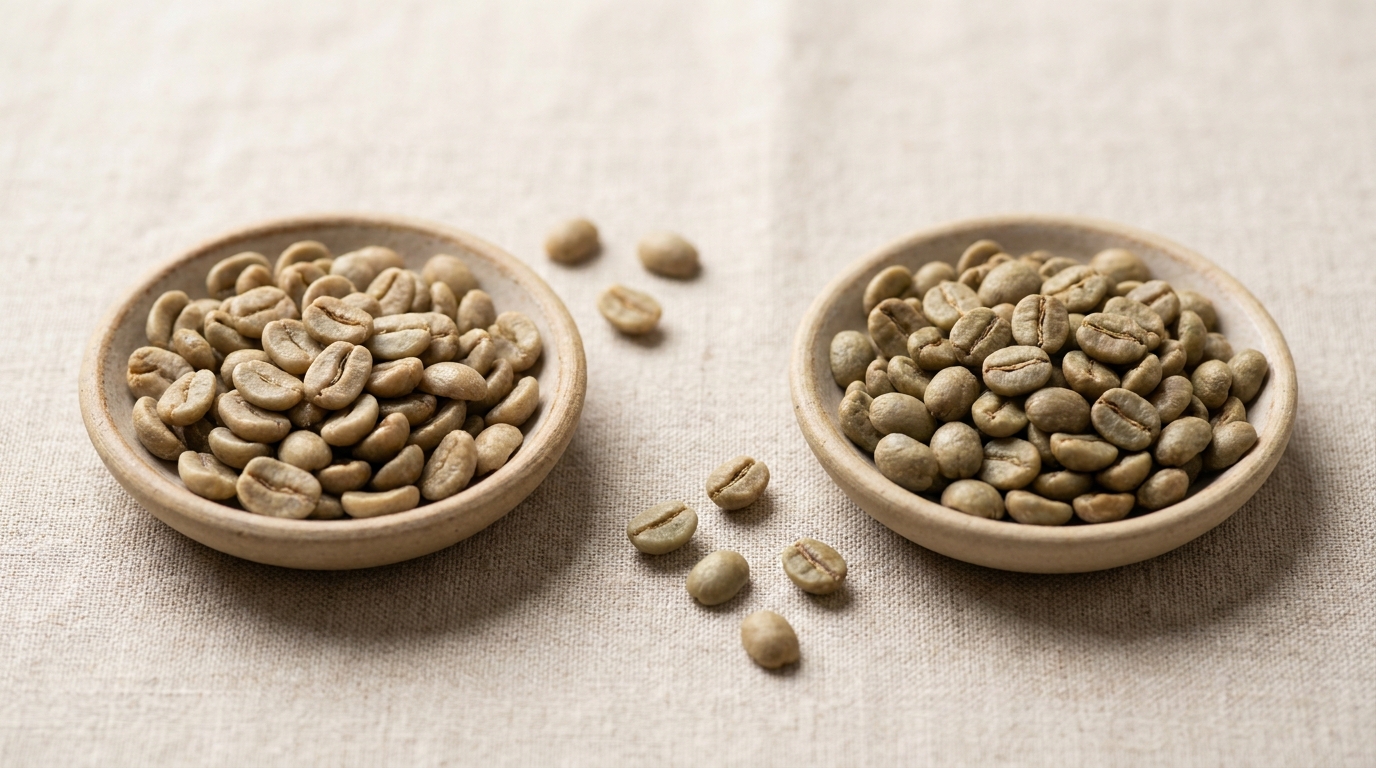 Yan yana konulmuş Arabica ve Robusta yeşil kahve çekirdekleri