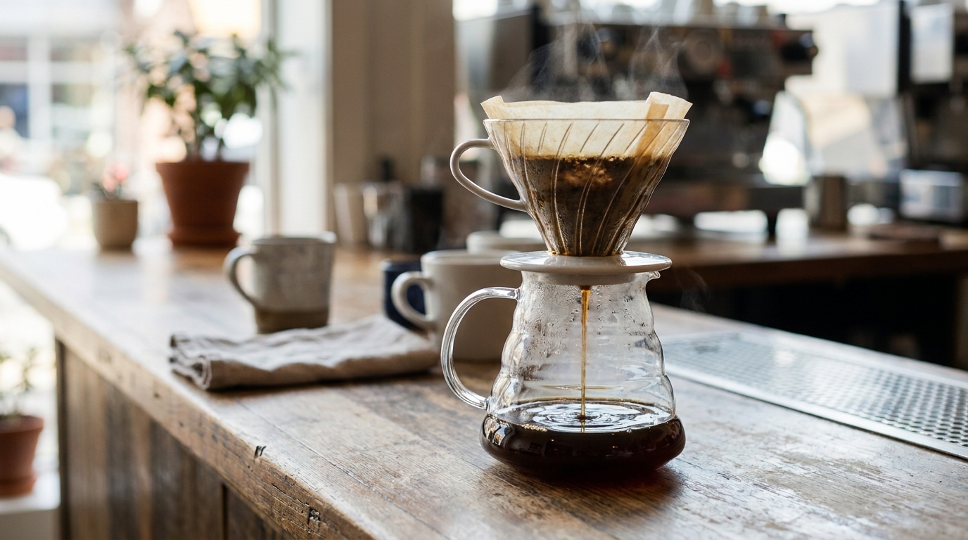 V60 dripper ile sürahiye damlayan taze filtre kahve