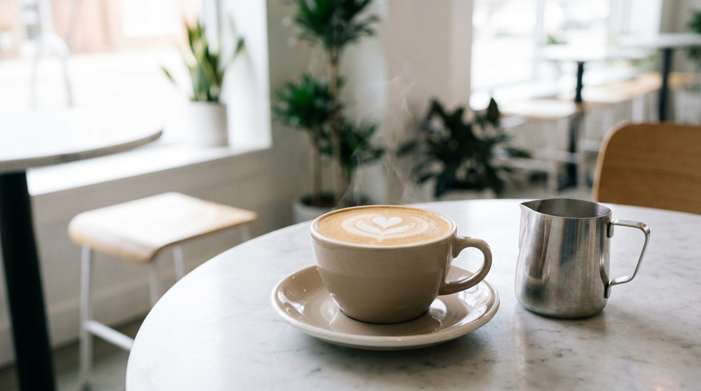 Latte art ile hazırlanmış sütlü kahve fincanı ve yanında küçük süt sürahisi
