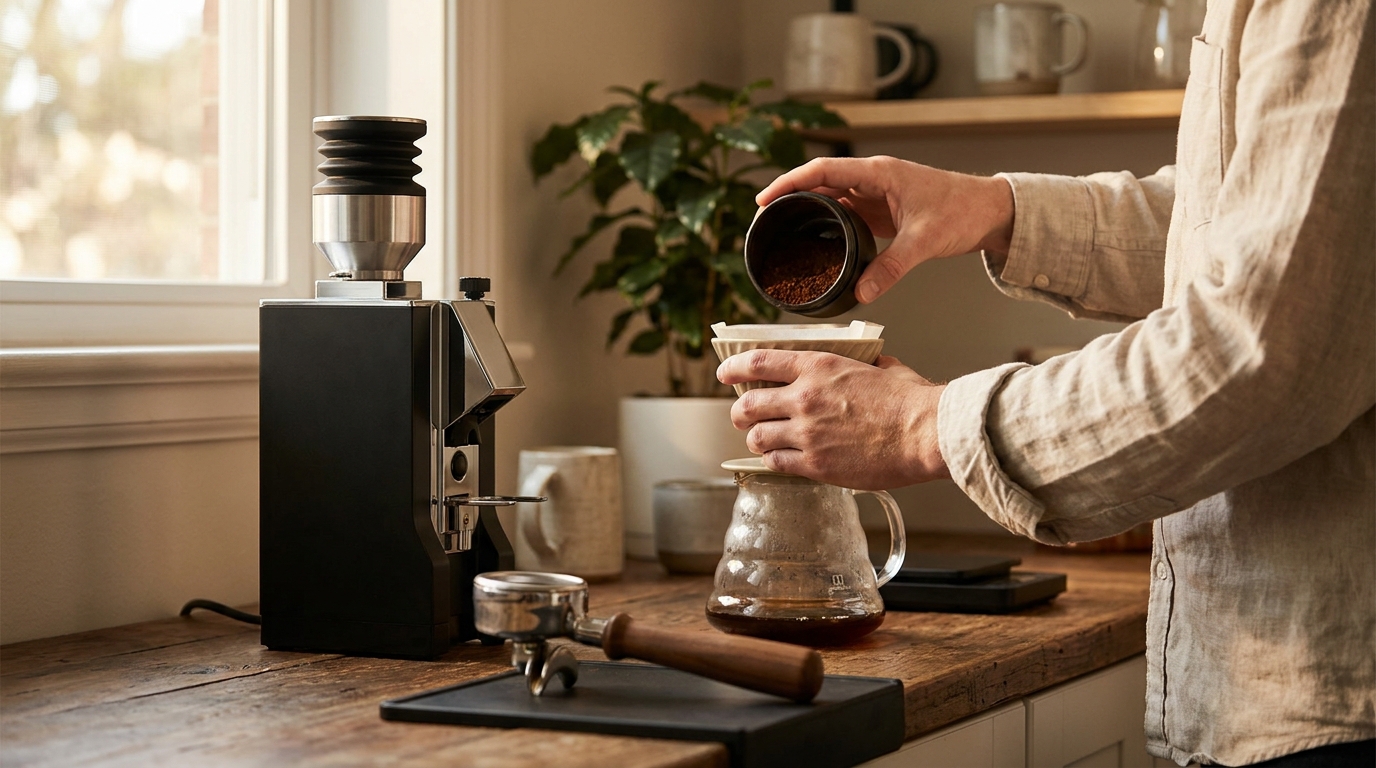 Ev baristasının tezgahında öğütücü ve demleme ekipmanları