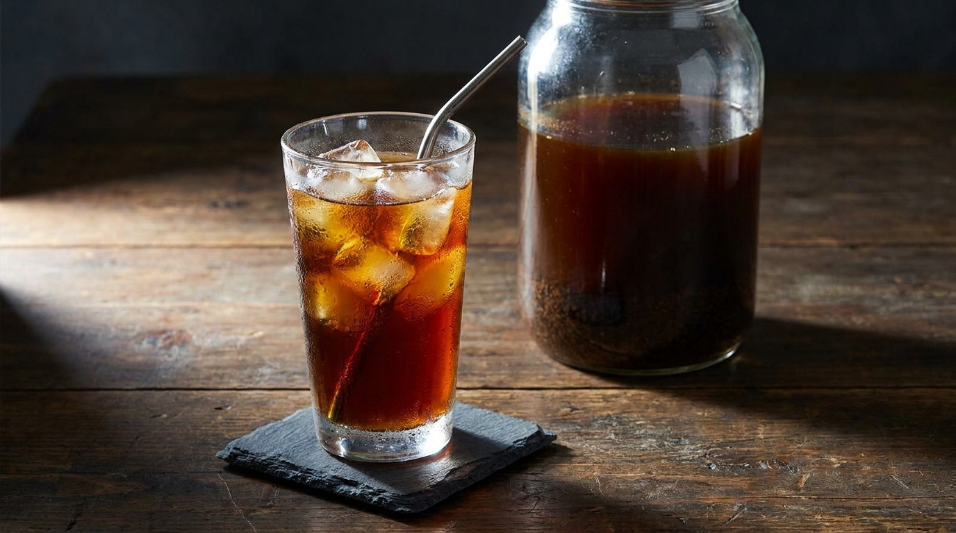 Buzlu cold brew soğuk kahve bardağı ve demleme kavanozu