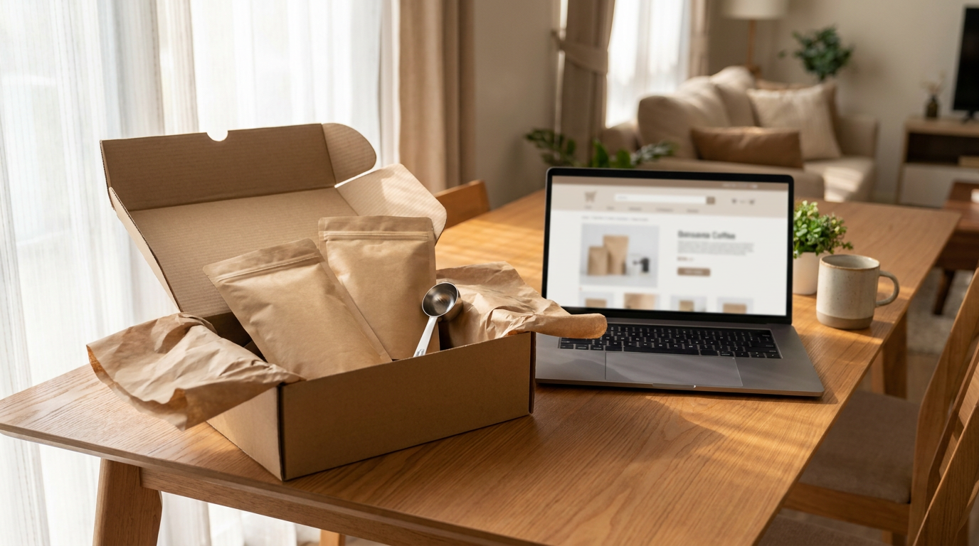 Online kahve aboneliği kutusu ve teslim edilen kahve paketleri