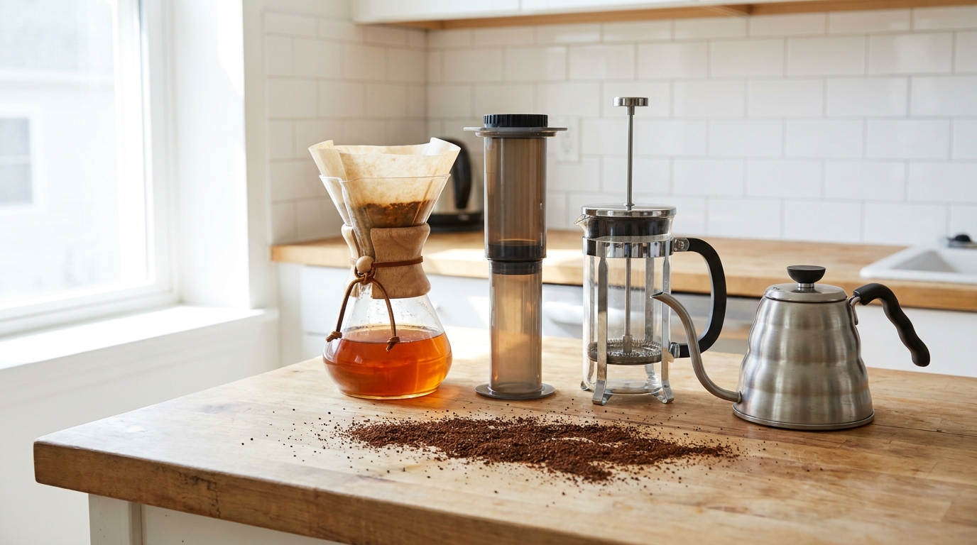 Evde demleme için kompakt AeroPress, French press ve Chemex ekipmanları
