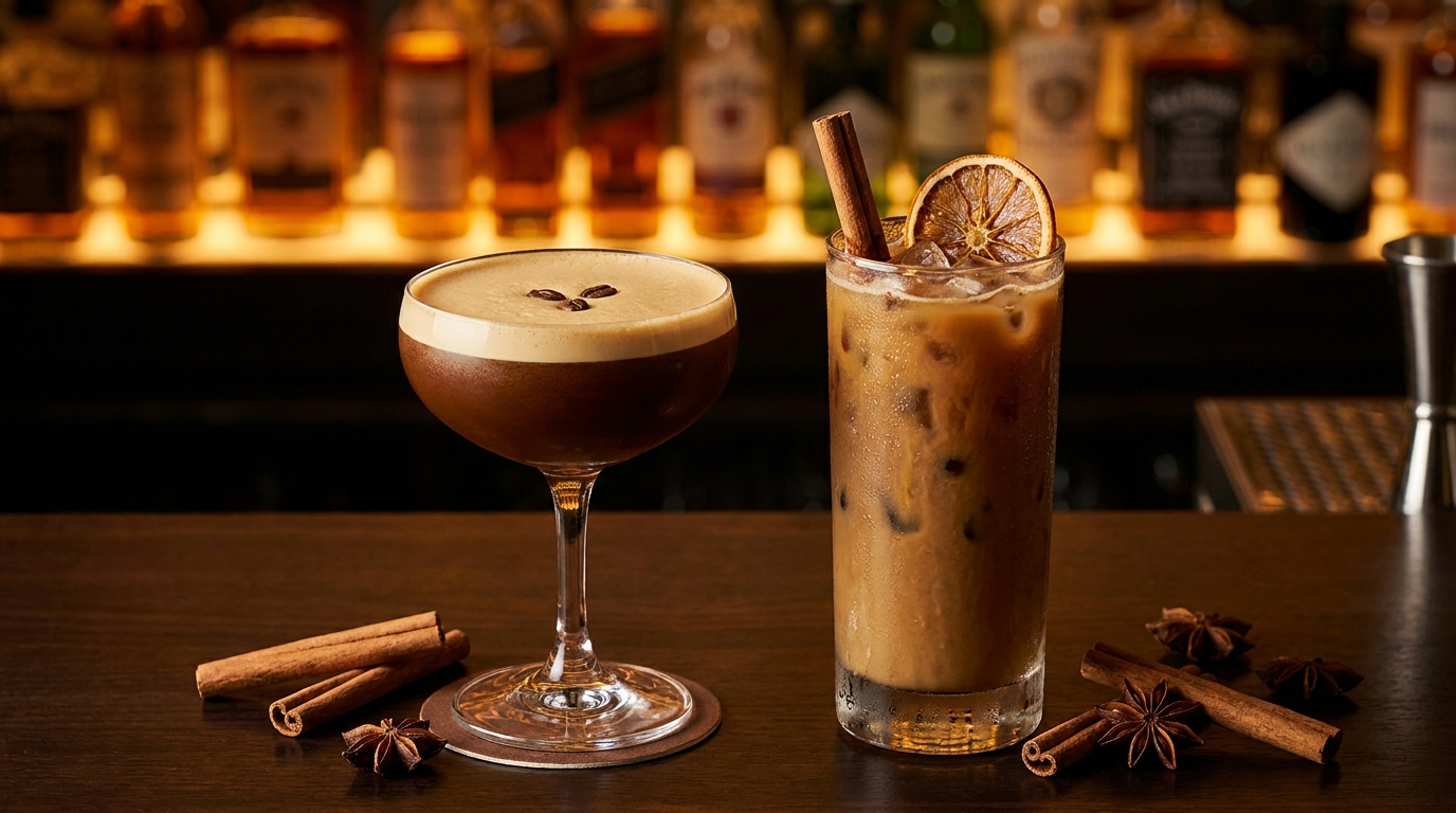 Espresso Martini ve soğuk kahve kokteyllerinin bar sunumu