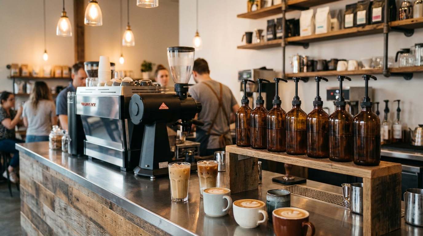 Modern bir kafe tezgahında dizili aromalı şurup şişeleri