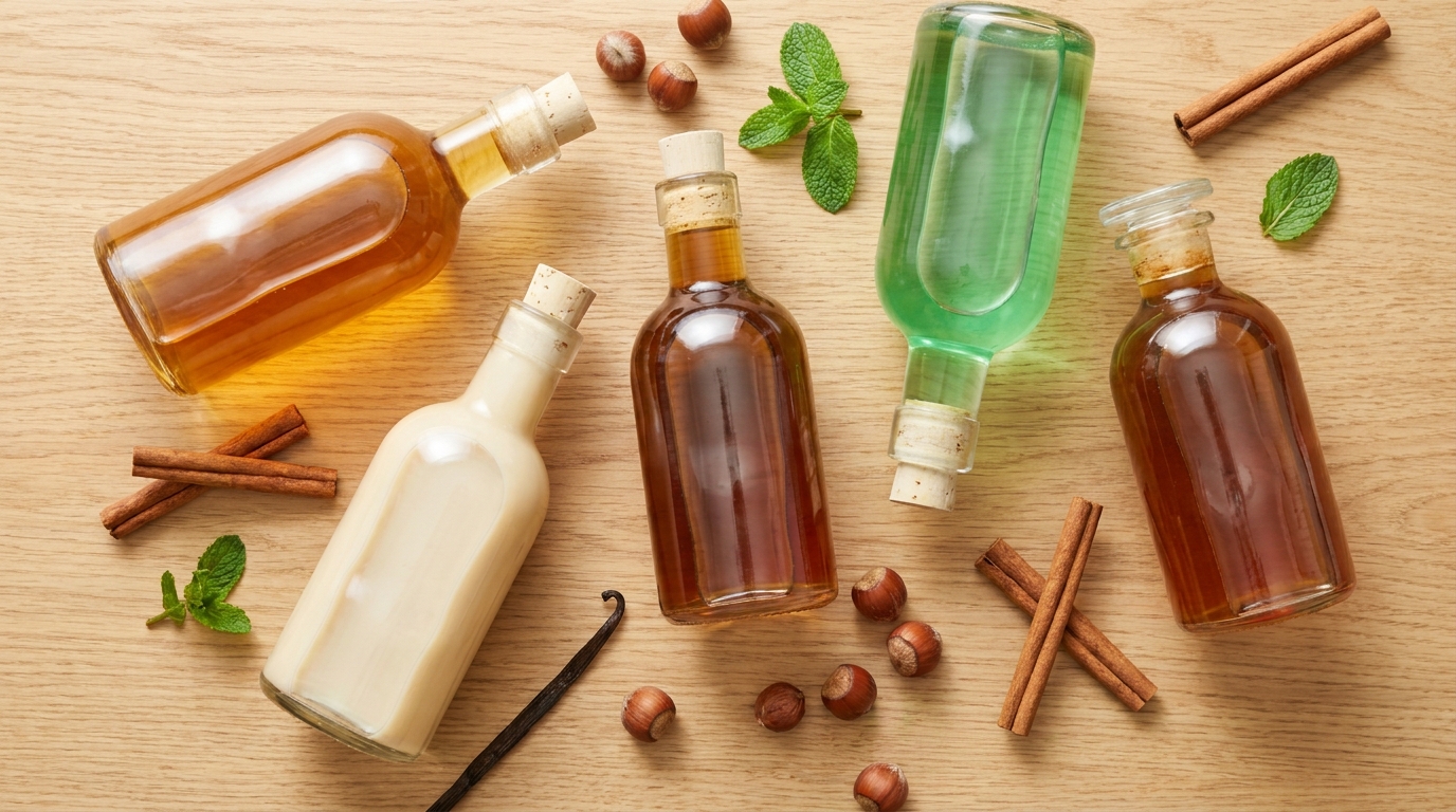 Karamel, vanilya, fındık ve baharatlı kahve şurubu çeşitleri
